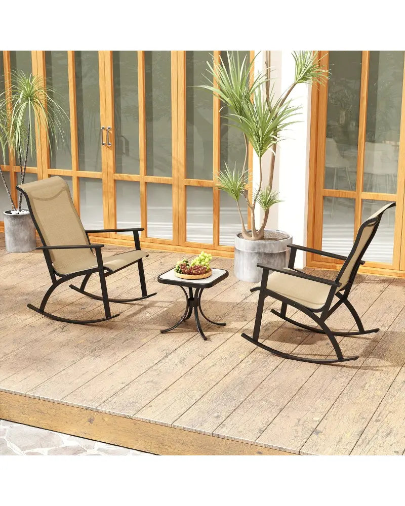 Heavy-Duty Rocking Bistro Chairs and Table Set with High Backrest and Wood-Plastic Tabletop-Brown - Brown - Patio