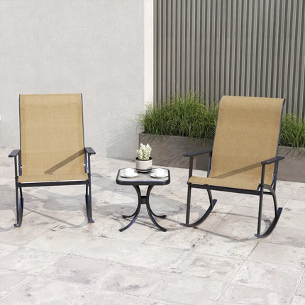 Heavy-Duty Rocking Bistro Chairs and Table Set with High Backrest and Wood-Plastic Tabletop-Brown - Brown - Patio