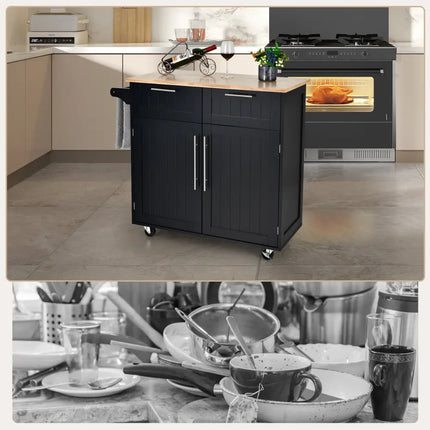 Heavy Duty Rolling Kitchen Cart with Tower Holder and Drawer-Black - Black - Kitchen Islands & Carts