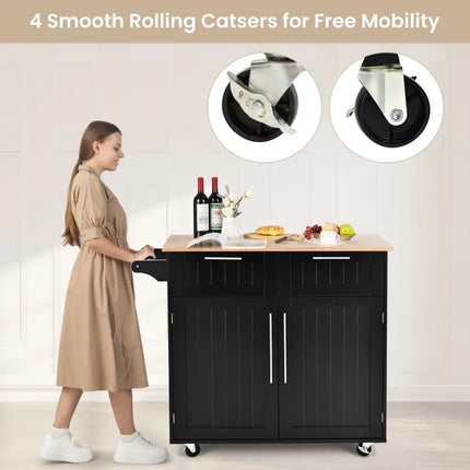 Heavy Duty Rolling Kitchen Cart with Tower Holder and Drawer-Black - Black - Kitchen Islands & Carts