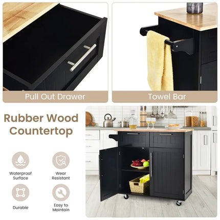 Heavy Duty Rolling Kitchen Cart with Tower Holder and Drawer-Black - Black - Kitchen Islands & Carts