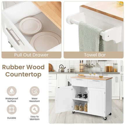 Heavy Duty Rolling Kitchen Cart with Tower Holder and Drawer-White - White - Kitchen Islands & Carts