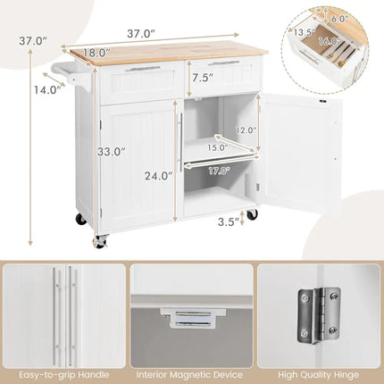 Heavy Duty Rolling Kitchen Cart with Tower Holder and Drawer-White - White - Kitchen Islands & Carts