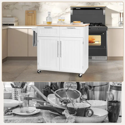 Heavy Duty Rolling Kitchen Cart with Tower Holder and Drawer-White - White - Kitchen Islands & Carts