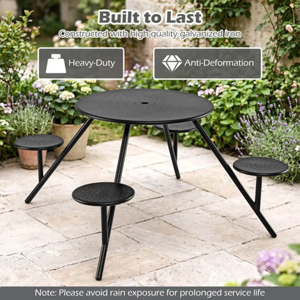 Heavy Duty Round Picnic Table for 4 with Iron Seats & Umbrella Hole-Black - Black - Picnic Tables
