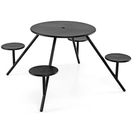 Heavy Duty Round Picnic Table for 4 with Iron Seats & Umbrella Hole-Black - Black - Picnic Tables