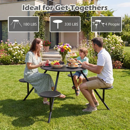 Heavy Duty Round Picnic Table for 4 with Iron Seats & Umbrella Hole-Black - Black - Picnic Tables