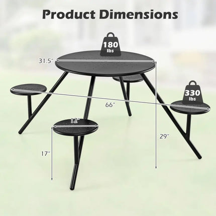 Heavy Duty Round Picnic Table for 4 with Iron Seats & Umbrella Hole-Black - Black - Picnic Tables