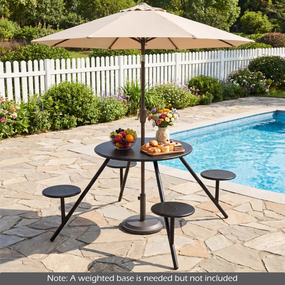 Heavy Duty Round Picnic Table for 4 with Iron Seats & Umbrella Hole-Black - Black - Picnic Tables
