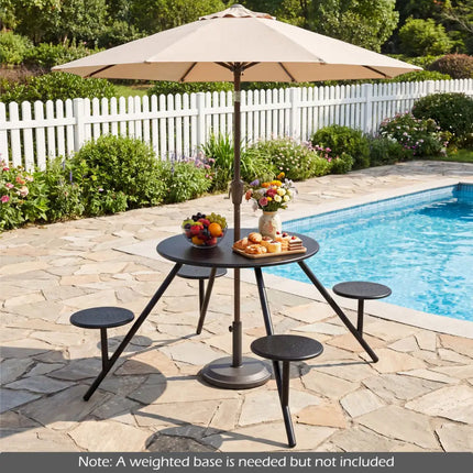 Heavy Duty Round Picnic Table for 4 with Iron Seats & Umbrella Hole-Black - Black - Picnic Tables