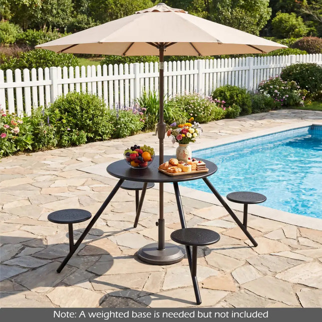 Heavy Duty Round Picnic Table for 4 with Iron Seats & Umbrella Hole-Black - Black - Picnic Tables