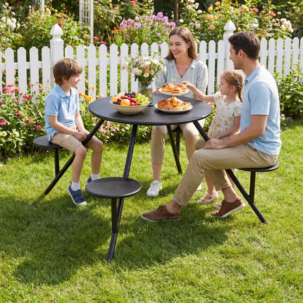 Heavy Duty Round Picnic Table for 4 with Iron Seats & Umbrella Hole-Black - Black - Picnic Tables