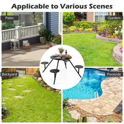 Heavy Duty Round Picnic Table for 4 with Iron Seats & Umbrella Hole-Black - Black - Picnic Tables