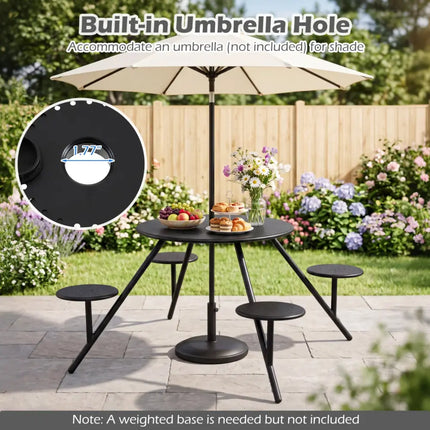 Heavy Duty Round Picnic Table for 4 with Iron Seats & Umbrella Hole-Black - Black - Picnic Tables