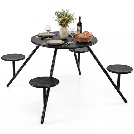 Heavy Duty Round Picnic Table for 4 with Iron Seats & Umbrella Hole-Black - Black - Picnic Tables