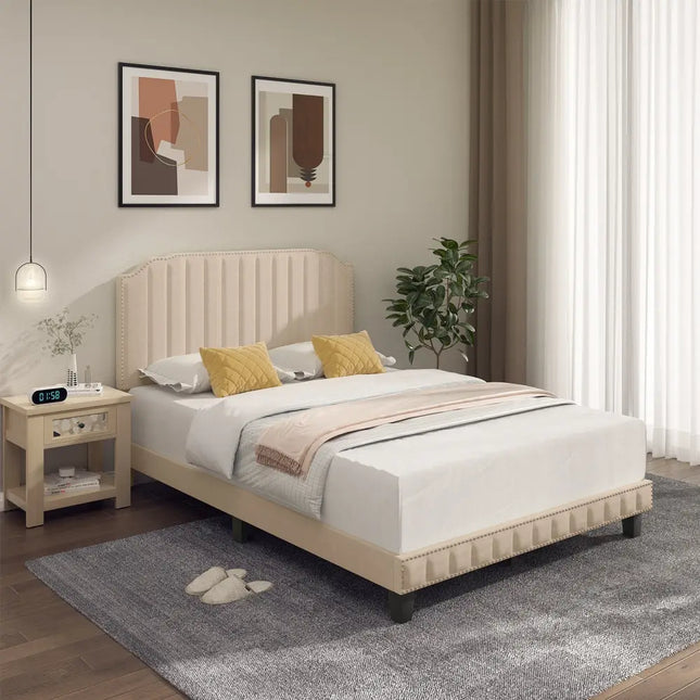 Heavy Duty Upholstered Bed Frame with Rivet Headboard-Full Size - Beige - Simple Bed Frame