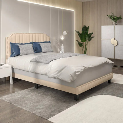 Heavy Duty Upholstered Bed Frame with Rivet Headboard-Full Size - Beige - Simple Bed Frame