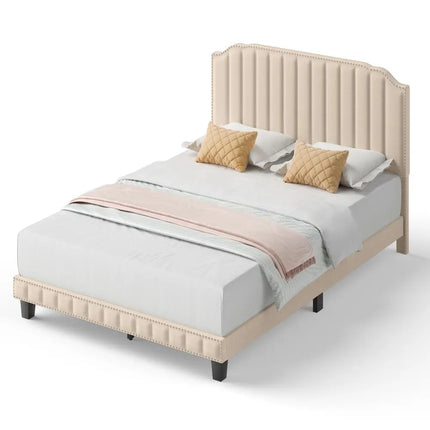 Heavy Duty Upholstered Bed Frame with Rivet Headboard-Full Size - Beige - Simple Bed Frame