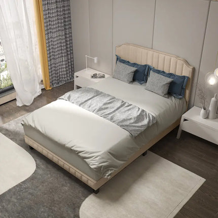Heavy Duty Upholstered Bed Frame with Rivet Headboard-Full Size - Beige - Simple Bed Frame