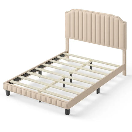 Heavy Duty Upholstered Bed Frame with Rivet Headboard-Full Size - Beige - Simple Bed Frame