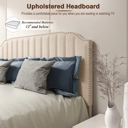 Heavy Duty Upholstered Bed Frame with Rivet Headboard-Full Size - Beige - Simple Bed Frame