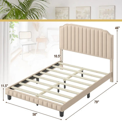 Heavy Duty Upholstered Bed Frame with Rivet Headboard-Full Size - Beige - Simple Bed Frame