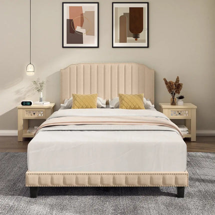 Heavy Duty Upholstered Bed Frame with Rivet Headboard-Full Size - Beige - Simple Bed Frame