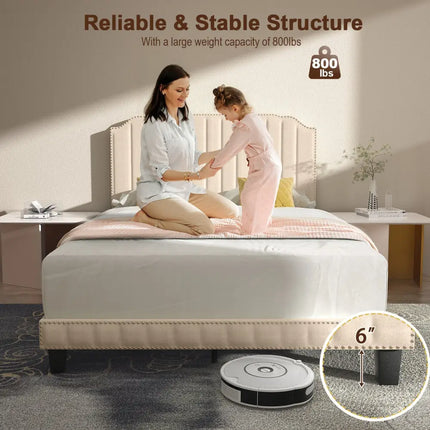 Heavy Duty Upholstered Bed Frame with Rivet Headboard-Full Size - Beige - Simple Bed Frame