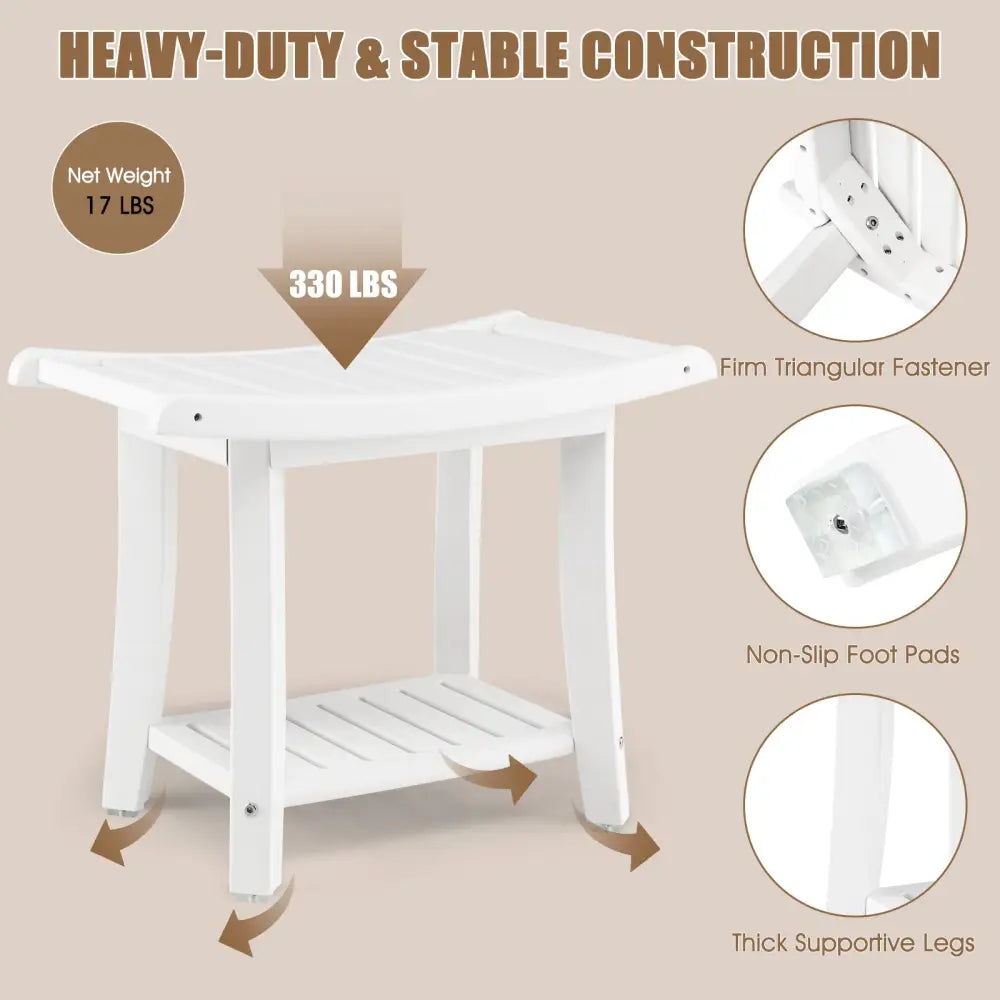 Heavy Duty Waterproof Bath Stool with Curved Seat and Storage Shelf-White - Off White - Bath Safety