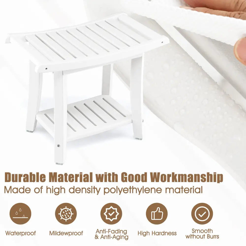 Heavy Duty Waterproof Bath Stool with Curved Seat and Storage Shelf-White - Off White - Bath Safety