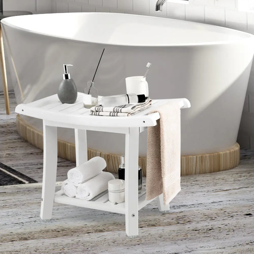 Heavy Duty Waterproof Bath Stool with Curved Seat and Storage Shelf-White - Off White - Bath Safety