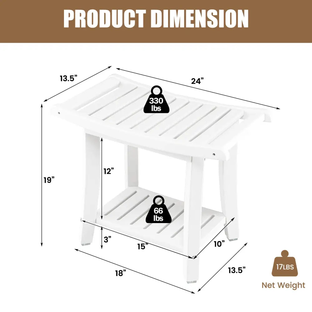 Heavy Duty Waterproof Bath Stool with Curved Seat and Storage Shelf-White - Off White - Bath Safety