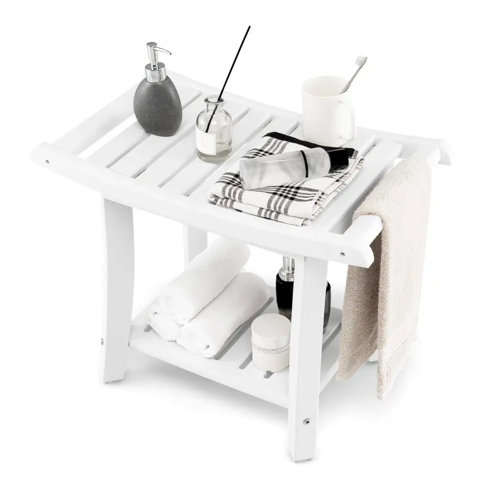 Heavy Duty Waterproof Bath Stool with Curved Seat and Storage Shelf-White - Off White - Bath Safety