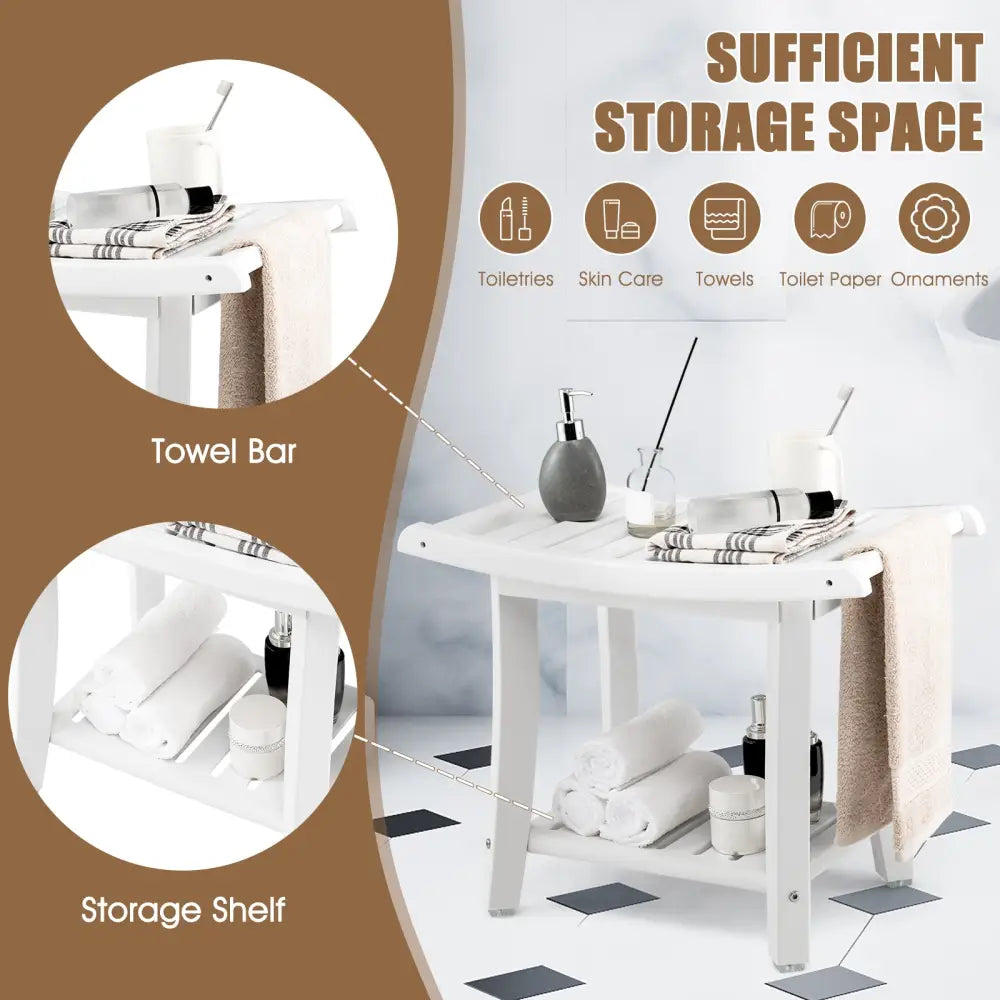 Heavy Duty Waterproof Bath Stool with Curved Seat and Storage Shelf-White - Off White - Bath Safety