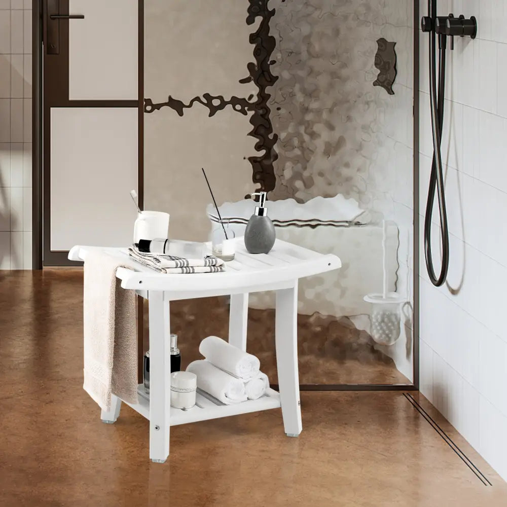 Heavy Duty Waterproof Bath Stool with Curved Seat and Storage Shelf-White - Off White - Bath Safety