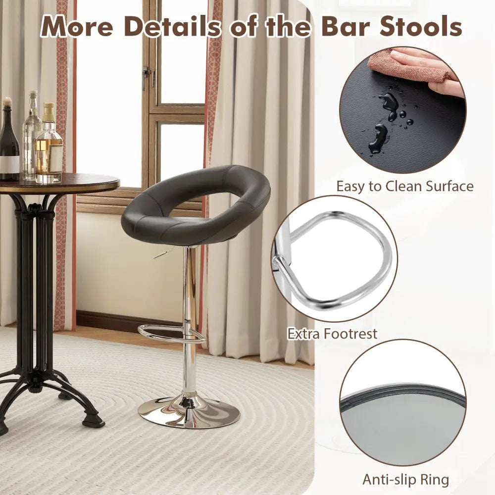 Height Adjustable Bar Stools Set of 2 with Hollow Back and Footrest-Black - Black - Bar Stools