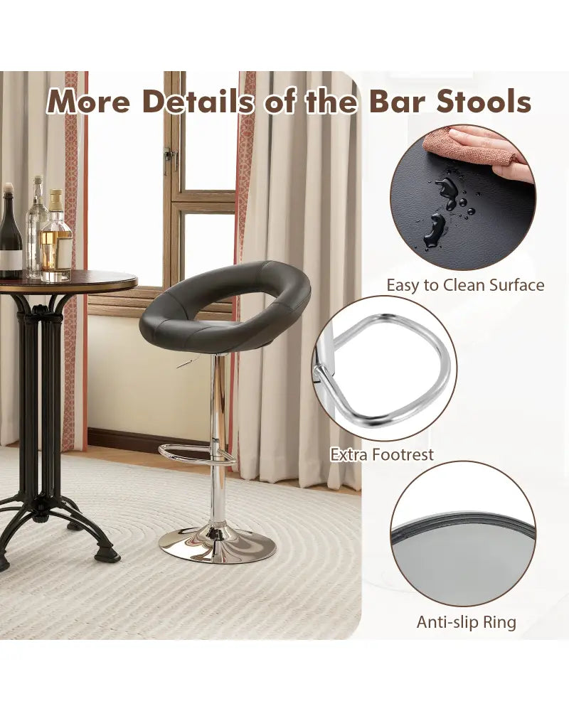 Height Adjustable Bar Stools Set of 2 with Hollow Back and Footrest-Black - Black - Bar Stools