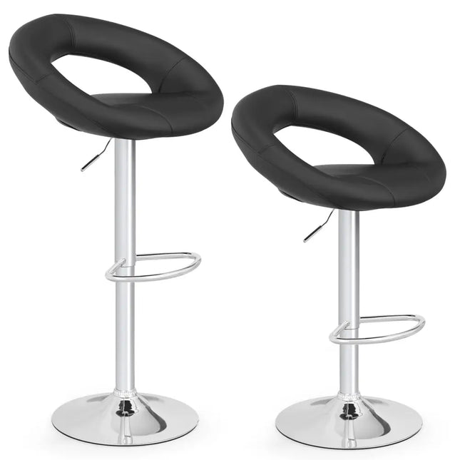 Height Adjustable Bar Stools Set of 2 with Hollow Back and Footrest-Black - Black - Bar Stools