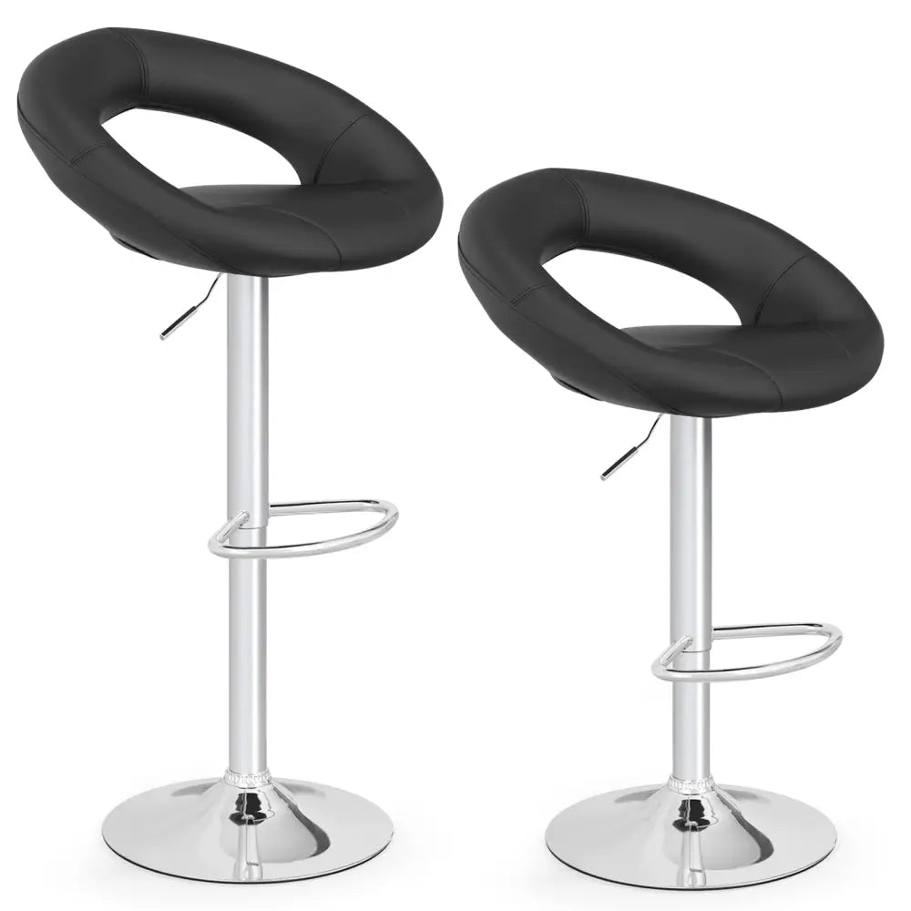 Height Adjustable Bar Stools Set of 2 with Hollow Back and Footrest-Black - Black - Bar Stools