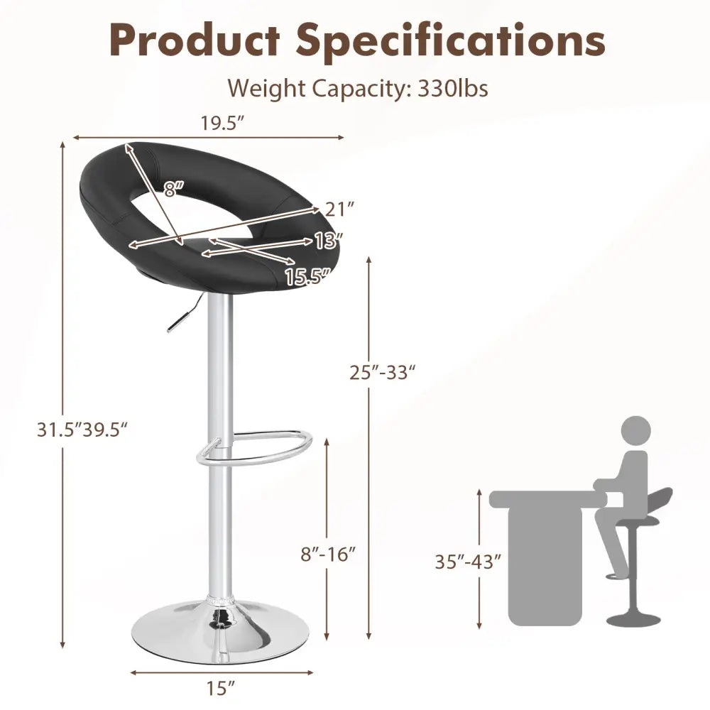 Height Adjustable Bar Stools Set of 2 with Hollow Back and Footrest-Black - Black - Bar Stools