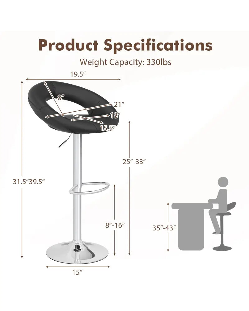Height Adjustable Bar Stools Set of 2 with Hollow Back and Footrest-Black - Black - Bar Stools
