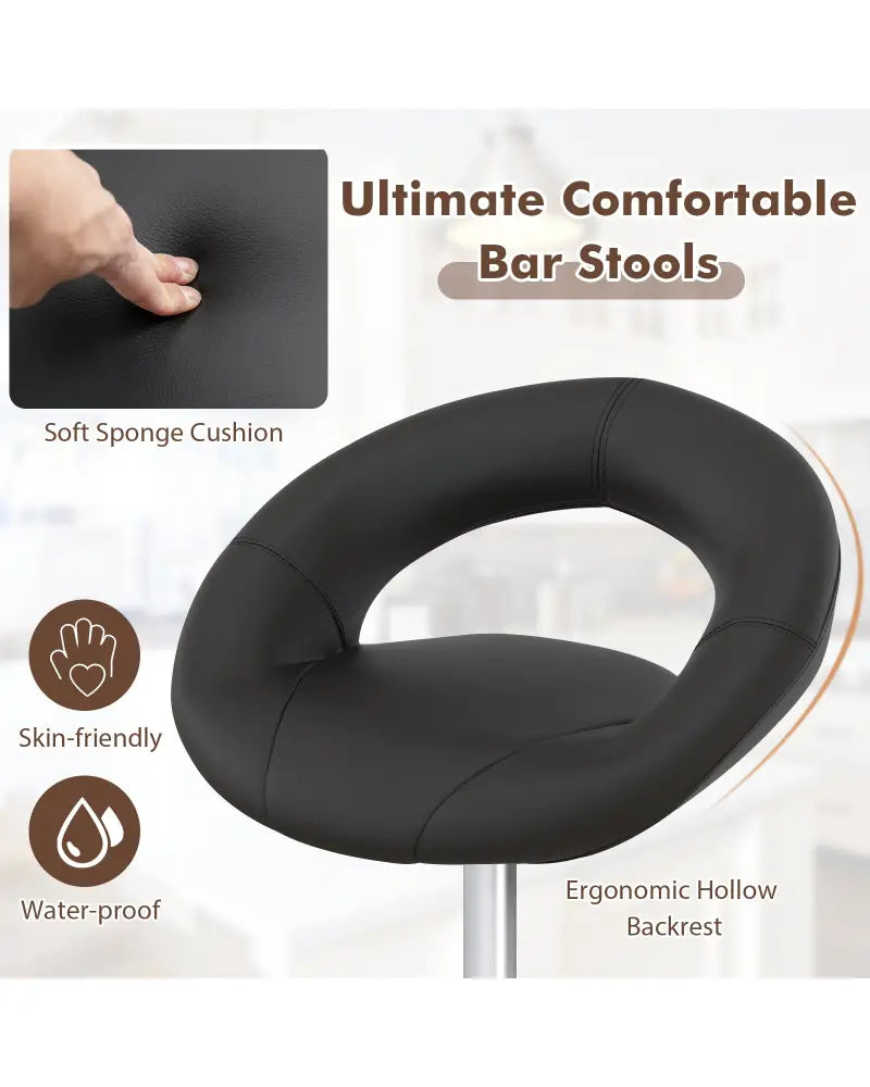 Height Adjustable Bar Stools Set of 2 with Hollow Back and Footrest-Black - Black - Bar Stools