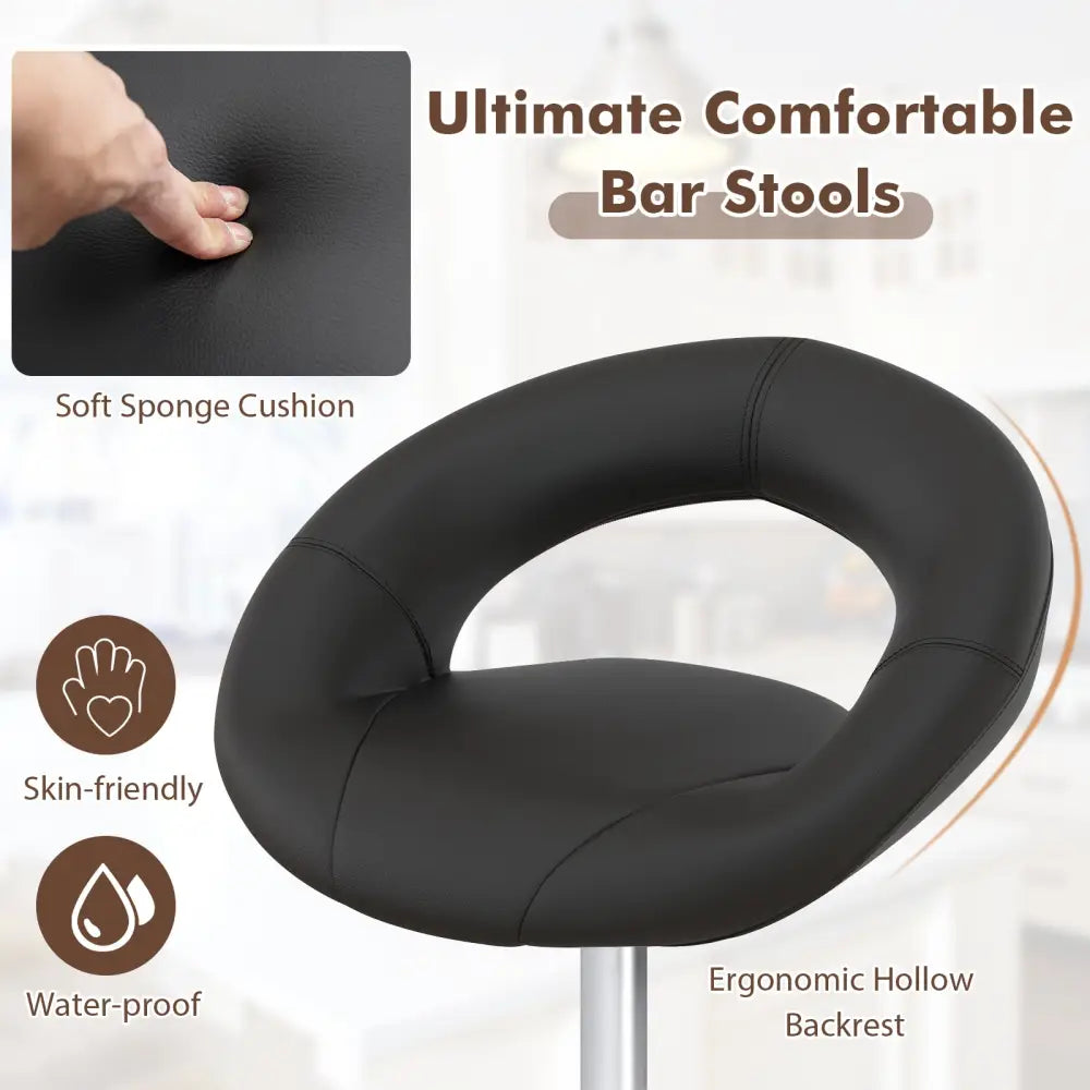 Height Adjustable Bar Stools Set of 2 with Hollow Back and Footrest-Black - Black - Bar Stools