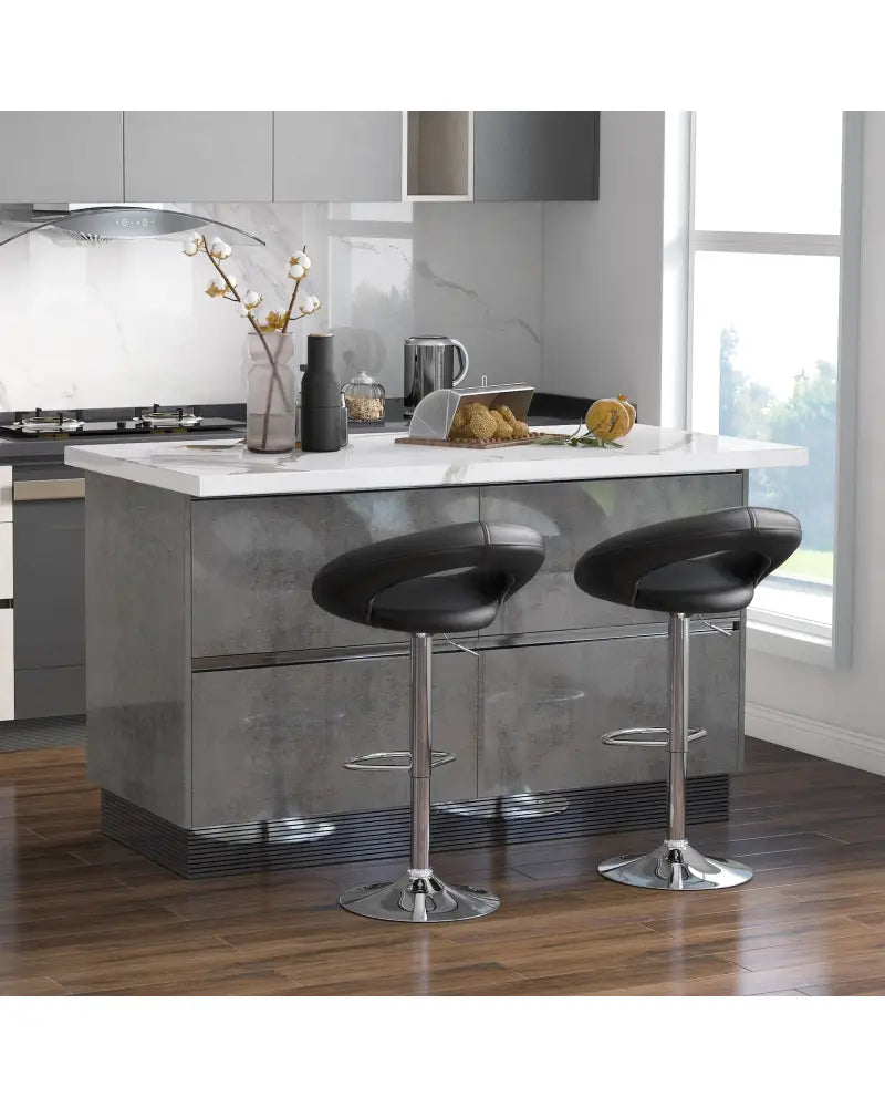 Height Adjustable Bar Stools Set of 2 with Hollow Back and Footrest-Black - Black - Bar Stools