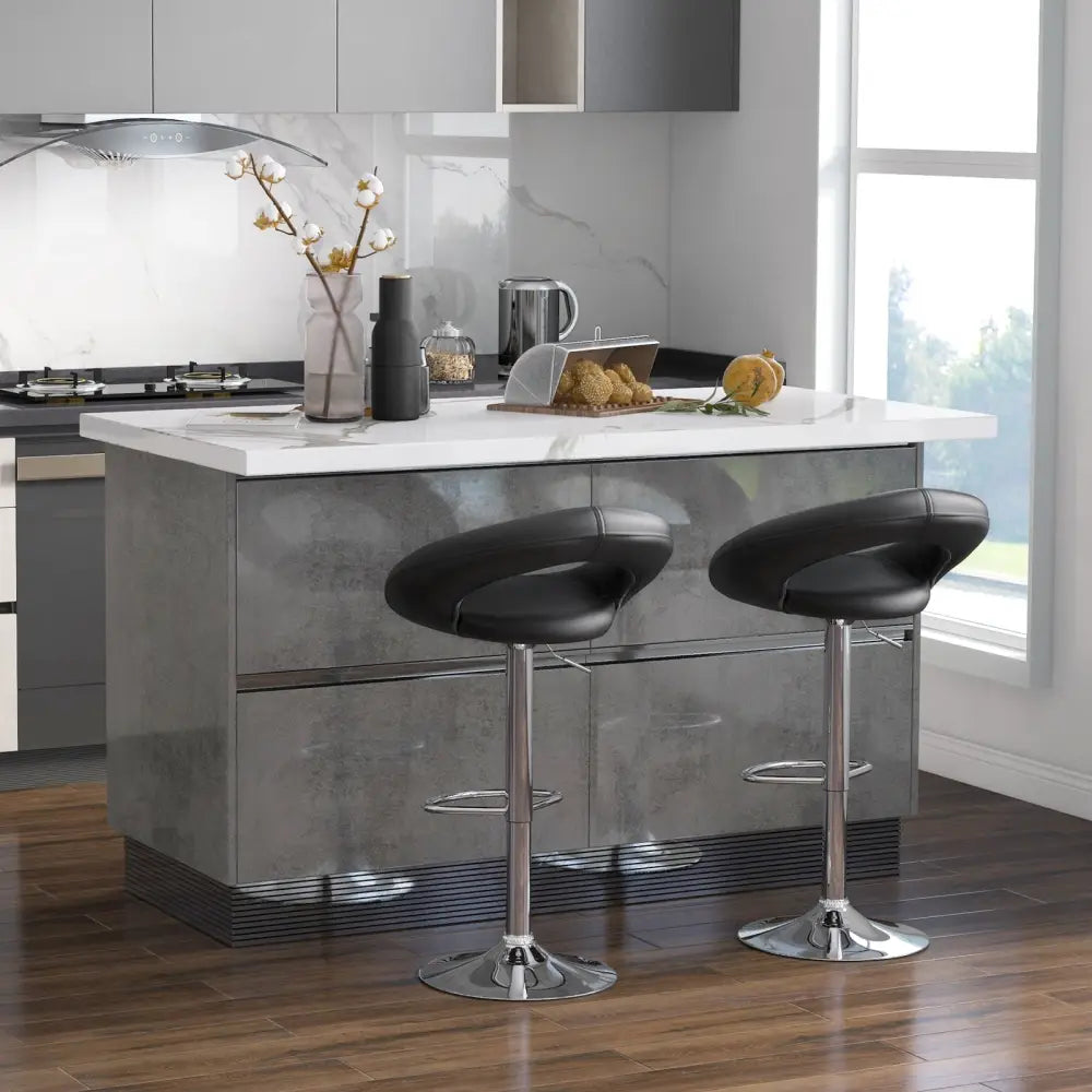 Height Adjustable Bar Stools Set of 2 with Hollow Back and Footrest-Black - Black - Bar Stools