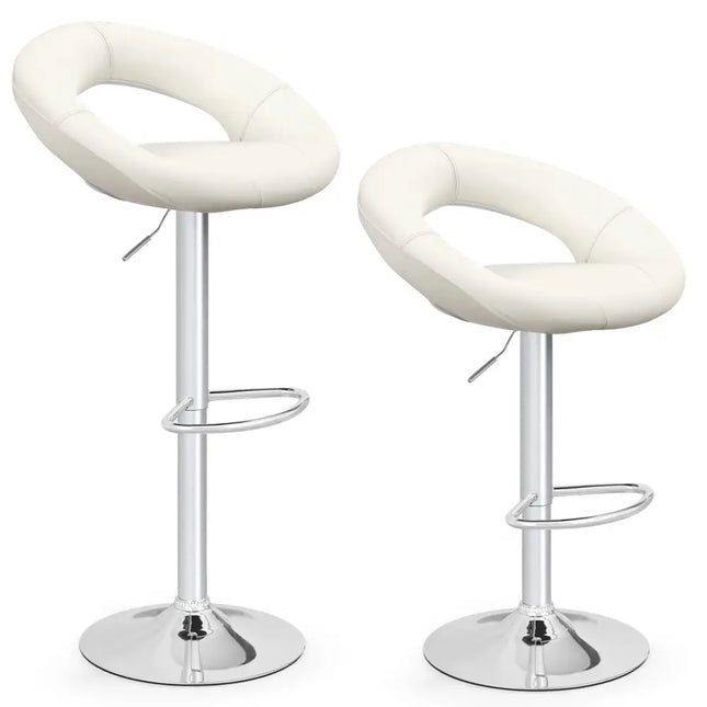 Height Adjustable Bar Stools Set of 2 with Hollow Back and Footrest-White - White - Bar Stools