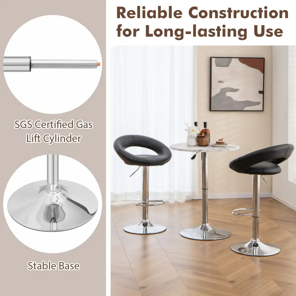 Height Adjustable Bar Stools Set of 2 with Hollow Back and Footrest-Black - Black - Bar Stools