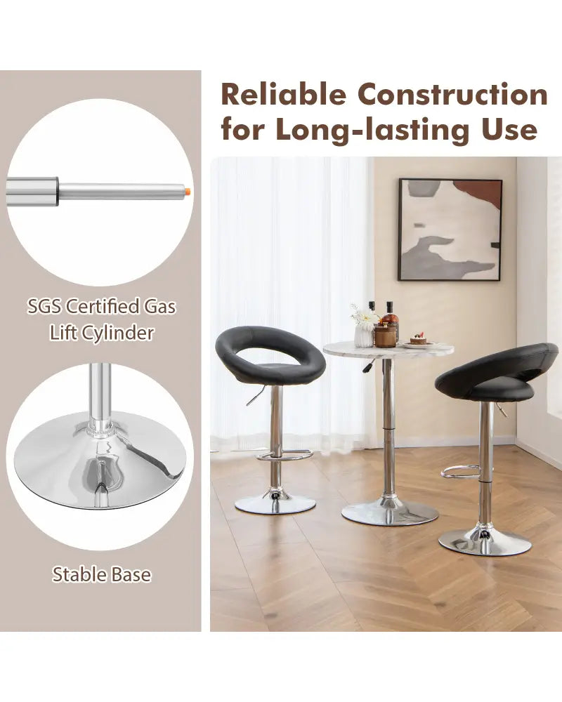 Height Adjustable Bar Stools Set of 2 with Hollow Back and Footrest-Black - Black - Bar Stools