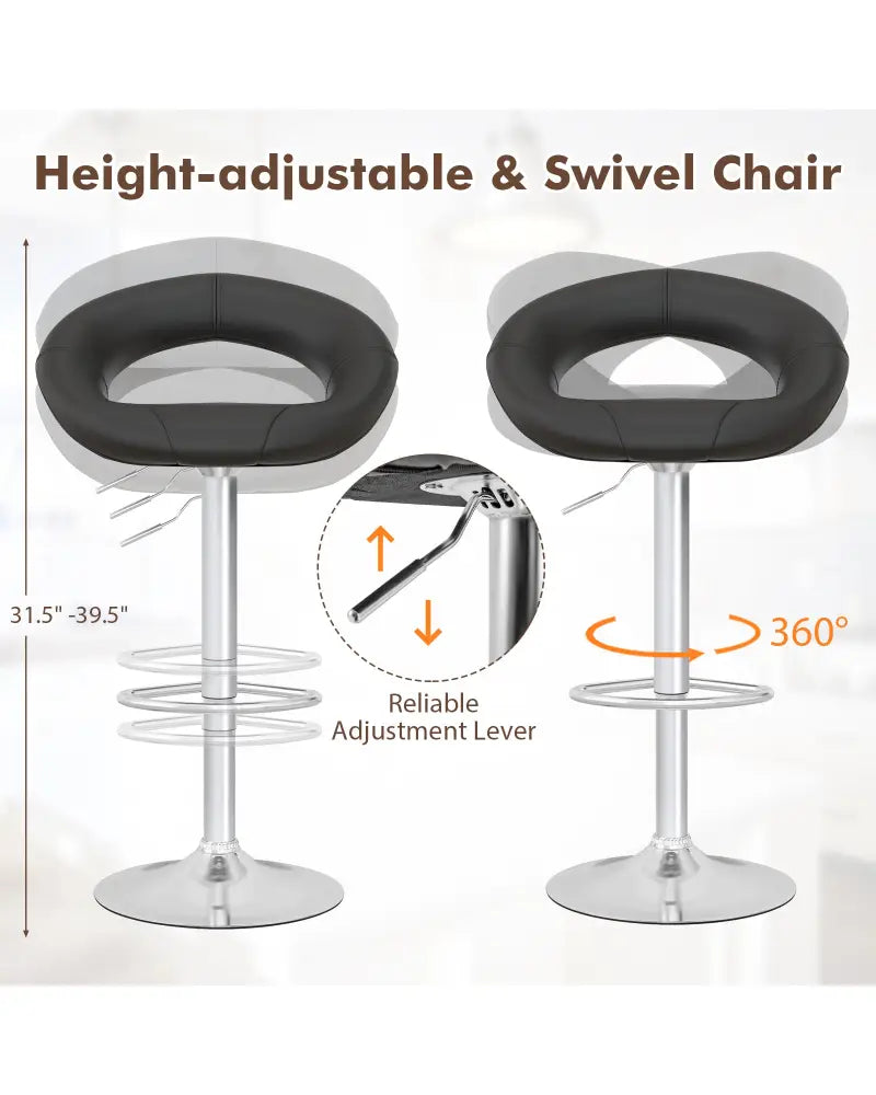 Height Adjustable Bar Stools Set of 2 with Hollow Back and Footrest-Black - Black - Bar Stools