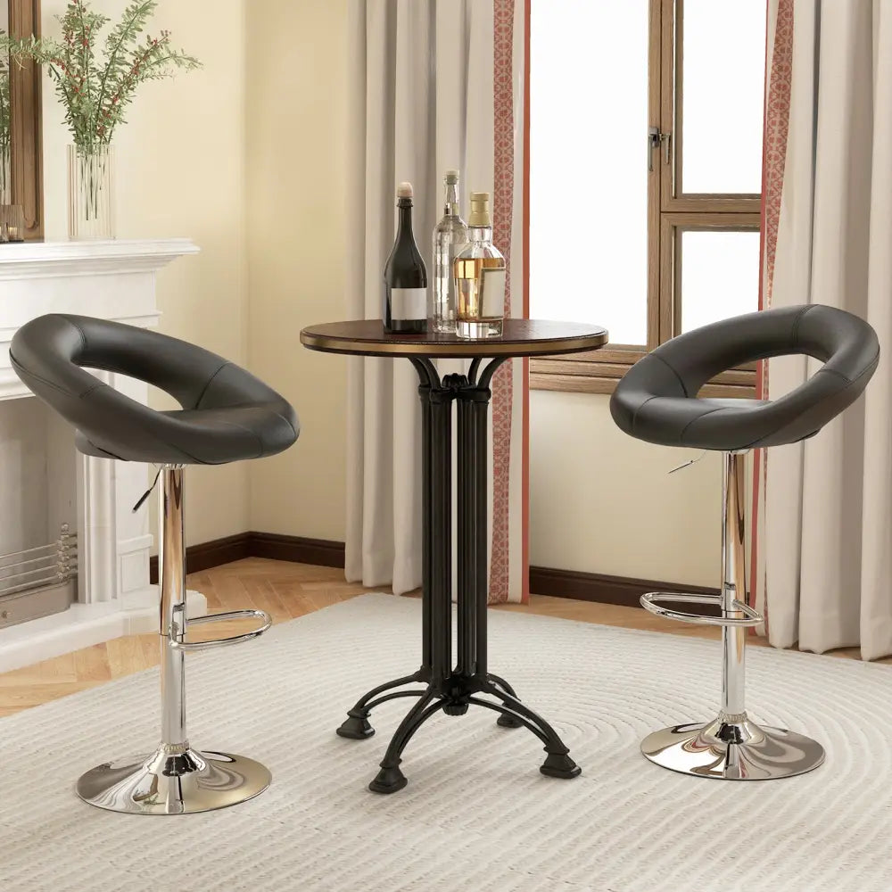 Height Adjustable Bar Stools Set of 2 with Hollow Back and Footrest-Black - Black - Bar Stools